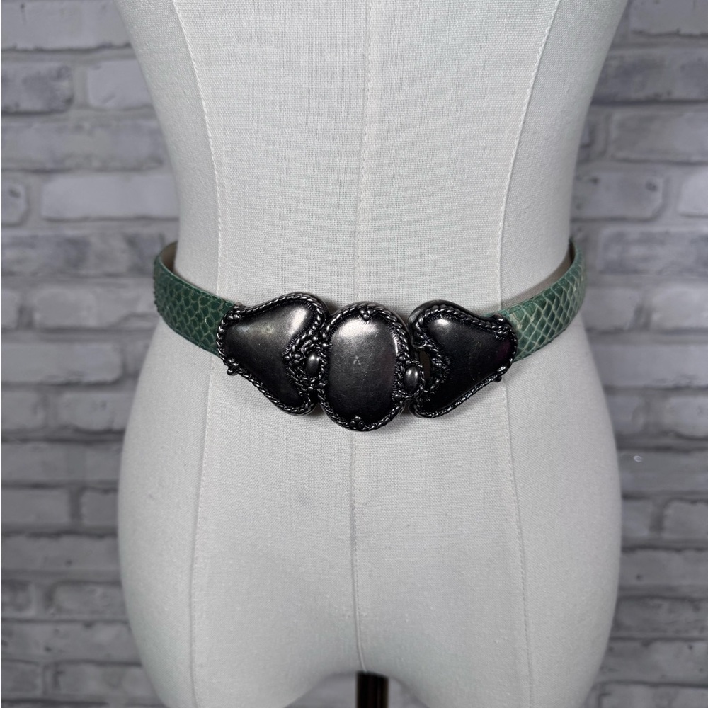 Woman’s Snake Skin Sea-foam Green Waist Belt with Chunky Metal Closure